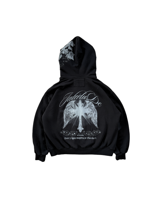 BLACK CROSS ZIP HOODIE - OVERBOXY