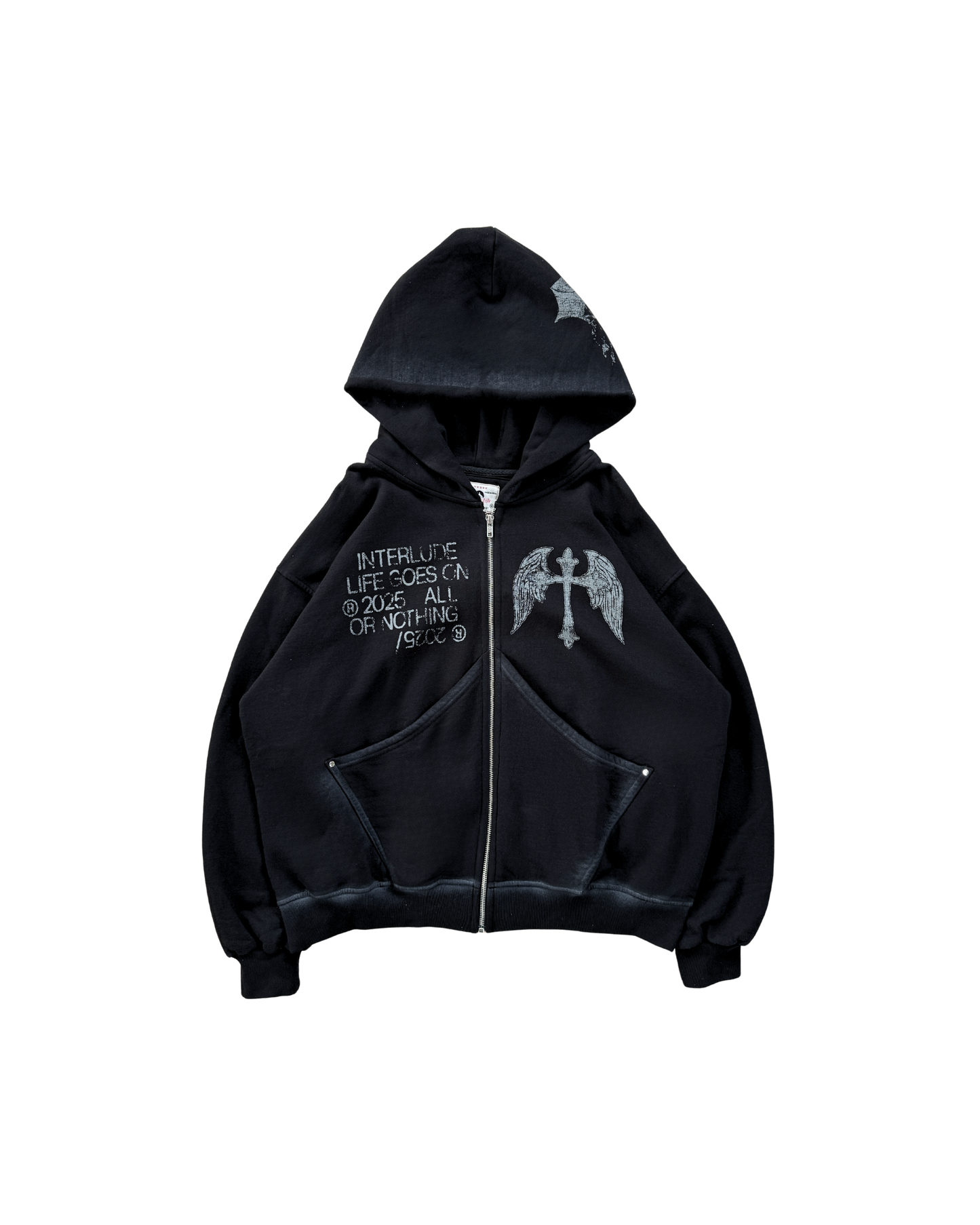 BLACK CROSS ZIP HOODIE - OVERBOXY