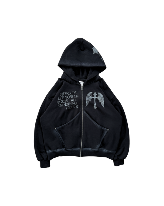 BLACK CROSS ZIP HOODIE - OVERBOXY