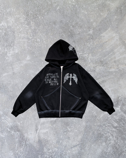 BLACK CROSS ZIP HOODIE - OVERBOXY