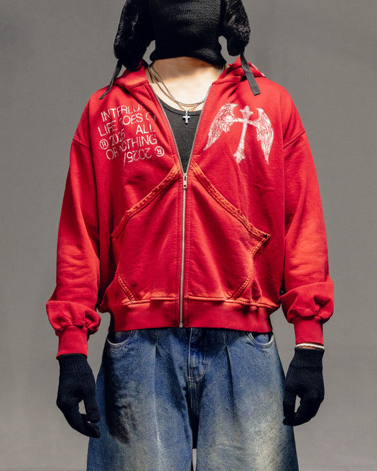 RED CROSS ZIP HOODIE - OVERBOXY
