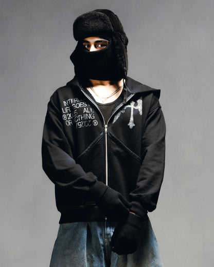 BLACK CROSS ZIP HOODIE - OVERBOXY