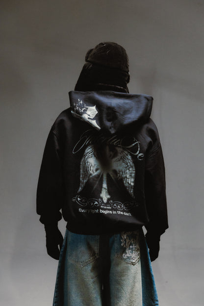 BLACK CROSS ZIP HOODIE - OVERBOXY