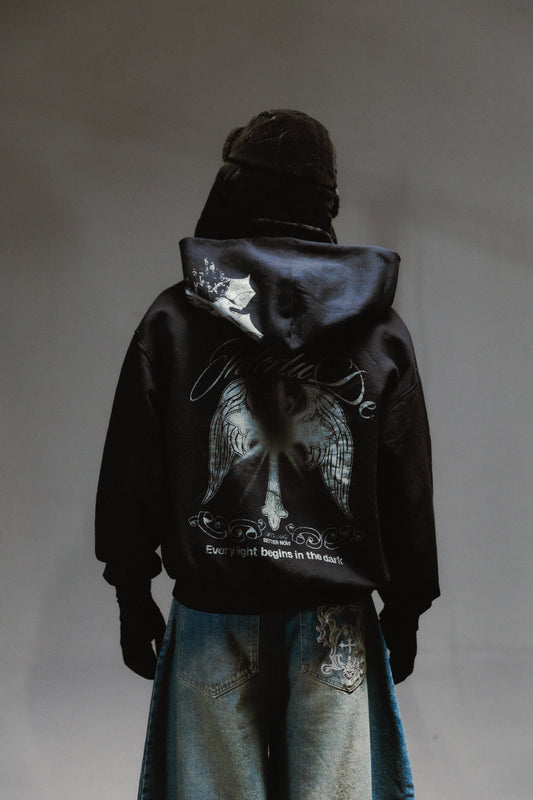 BLACK CROSS ZIP HOODIE - OVERBOXY